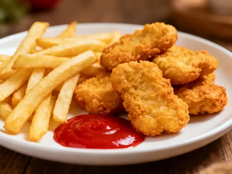 Chicken nuggets with chips and ketchup